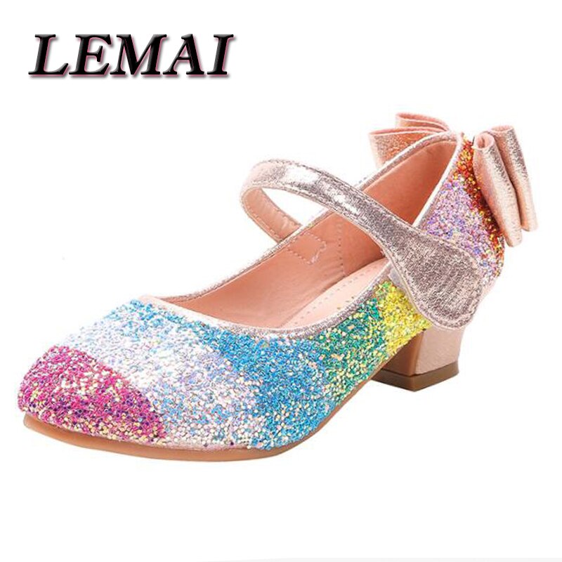 Lemai nó azul sapatos de couro para meninas novo 2021 criança arco-íris lantejoulas princesa sapatos crianças de cristal de salto alto único sapatos