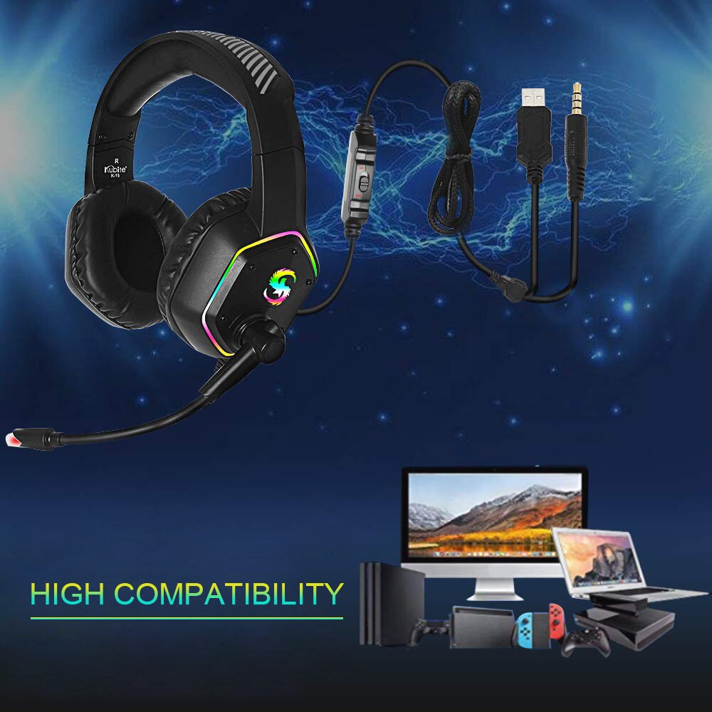 K-15 Gaming Headsets Big Headphones with Light Microphone Stereo Earphones Deep Bass for PC Computer Gamer Laptop PS4 Games