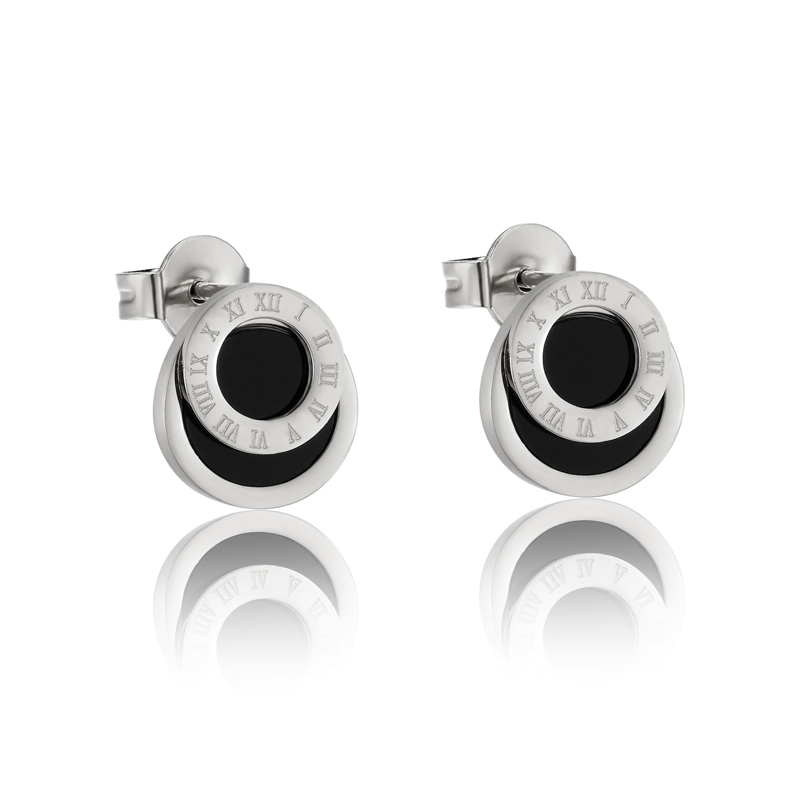 Brincos de algarismos romanos esmaltados pretos de alta qualidade para mulheres/homens meninas joias piercing titânio aço cor dourada brinco: BANHADO EM PRATA