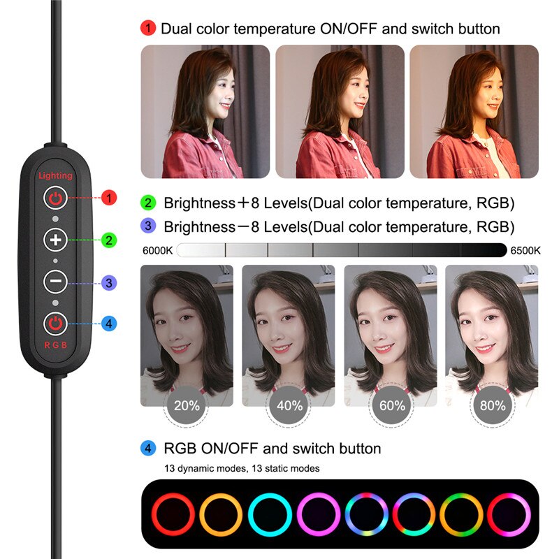 RGB LED Ring Lamp 10 Inch Selfie Ring Light with Tripod Phone Stand Photography Lighting Ringlight for TikTok Video