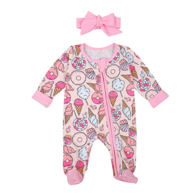 Baby piger jumpsuit, nyfødt langærmet rund krave lynlås åben front i ét stykke og hovedbeklædning, lyserød / abrikos , 0-18 måneder: B / 6m