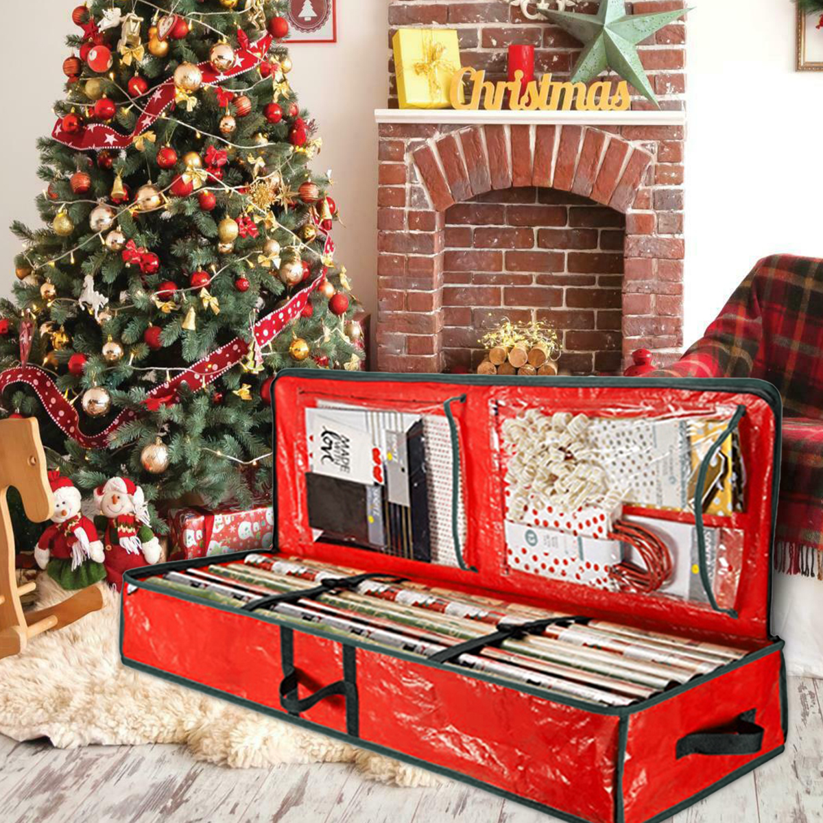 Christmas Wrap Storage Bag Waterproof Underbed Storage Organizer with Reinforced Handles Xmas Wrapping Paper Storage Box