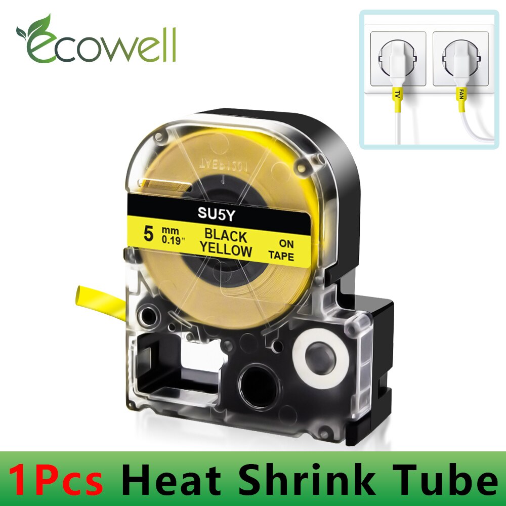 Ecowell LK-4WBA5/LK-4YBA5 Φ5mm/9mm Φ11mm/18mm Weiß Etikett Kompatibel für Epson KingJim SU5S SU5Y SU11S SU11Y Schrumpf Rohre: 9mm Schwarz an Gelb
