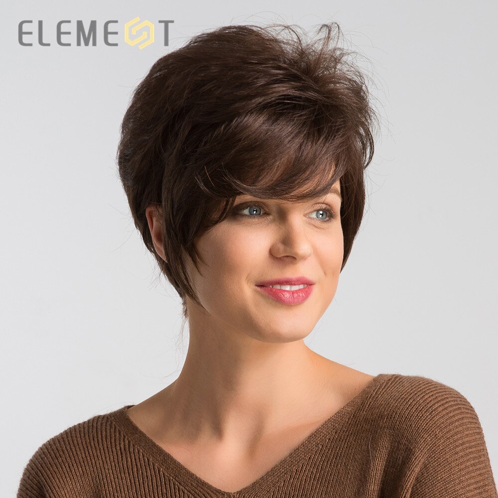 Element 6 Inch Short Brown Synthetic Wig Mix 50 Human Hair Left Side Parting Pixie Cut Cosplay 