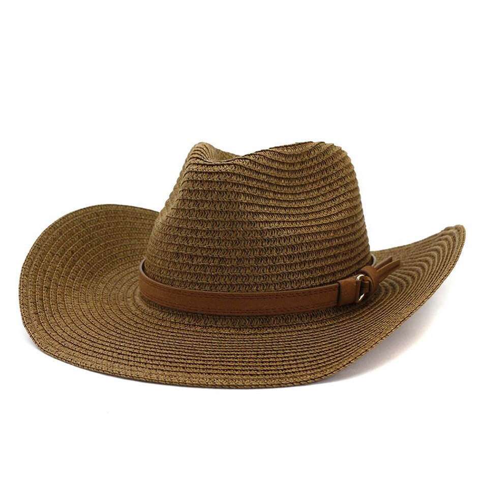 HOAREE, sombrero de vaquero de verano para hombre, sombrero de paja azul marino para el sol con cinturón, sombrero ancho Vintage para mujer, gorros de vaquera para decoración de playa, sombreros UV: Coffee