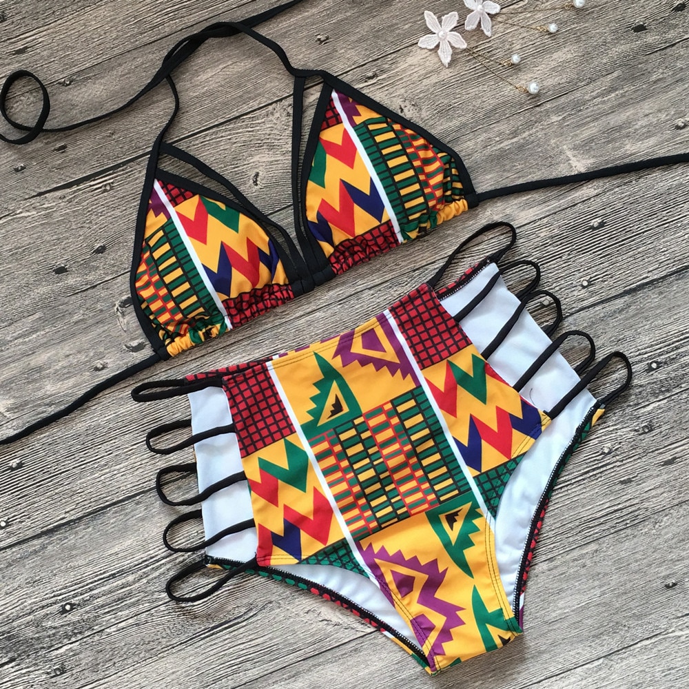 Sexy Backless Bikini Afrikaanse Print Badpakken Hoge Taille Badpak Halter Top Bikini Set Strand Push Up Badmode