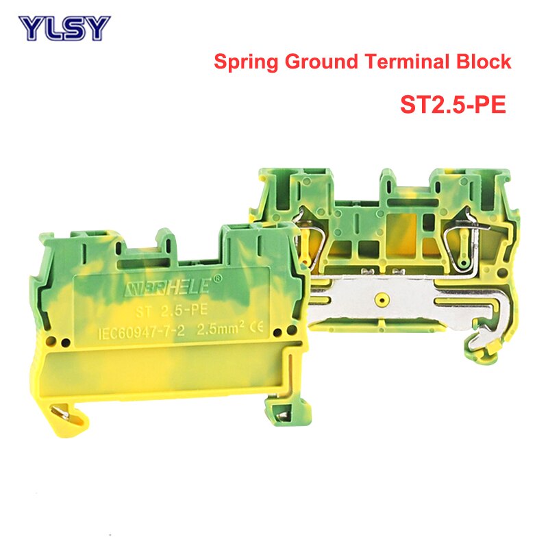 10Pcs Spring Ground Terminal Blocks ST4-PE Bornier Din Rail Yellow Green Earthing Terminals Block Wire Cable Connector 4mm2