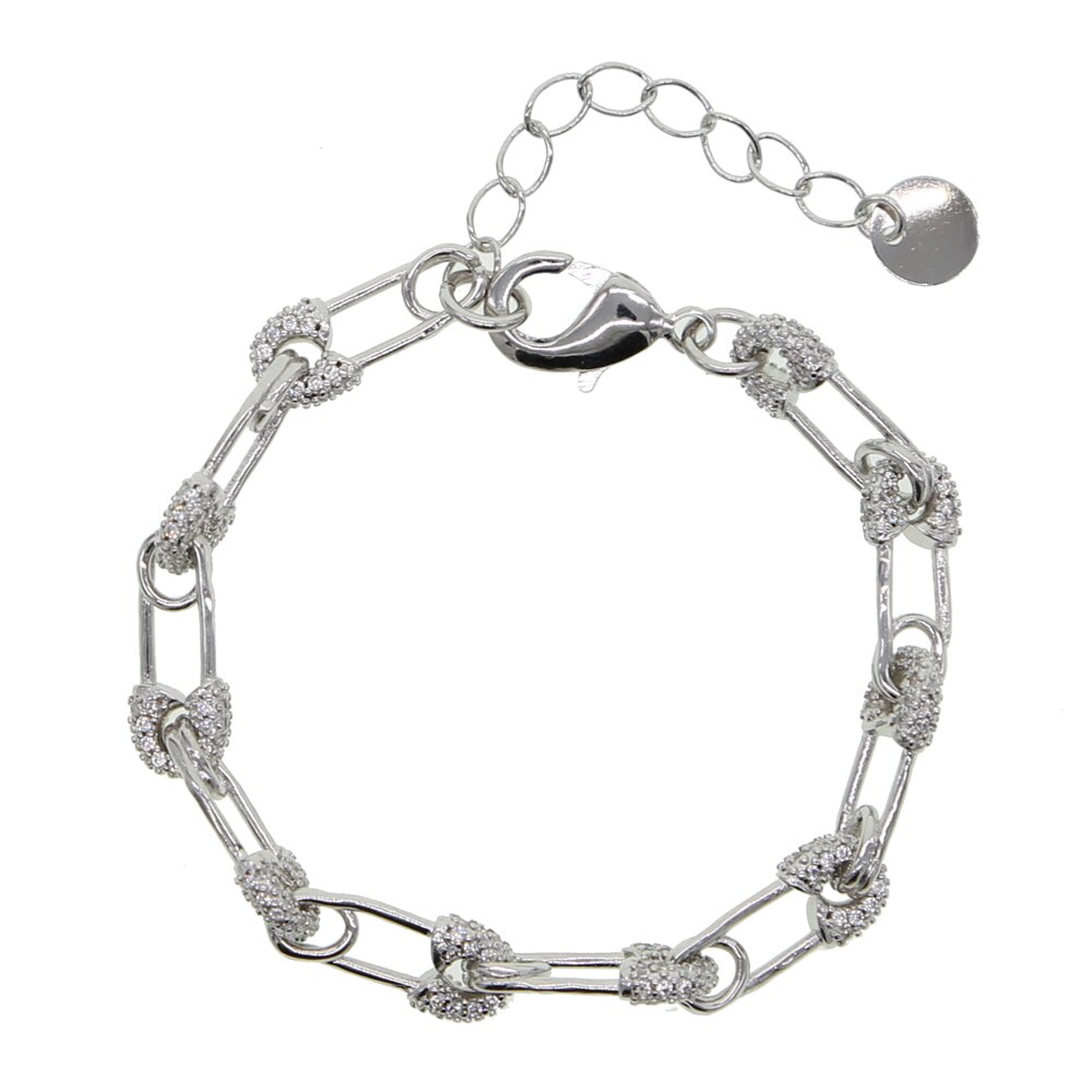 Gold silver color 5A sparking bling cz safety pin link chain bracelet for women 15+4cm extended: Platinum Plated