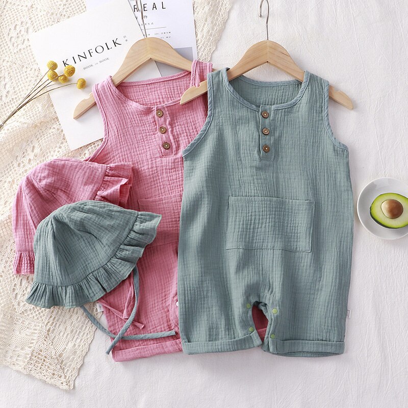 Peleles de verano para niños y niñas, monos sólidos sin mangas de algodón orgánico con botones, monos Unisex para bebé, ropa de una pieza