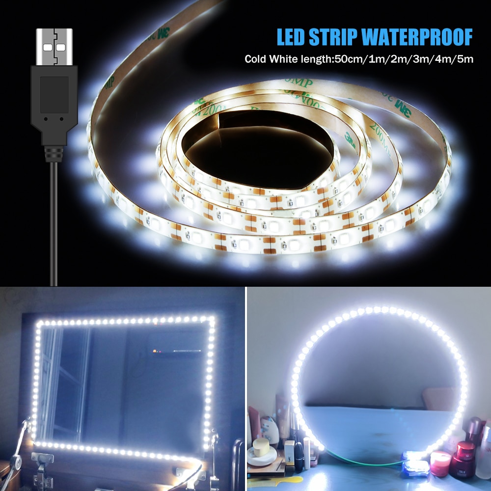 Luz LED para espejo de maquillaje, luces de tocador Hollywood impermeables de 5V, 1M, 2M, 3M, 4M, 5M, para decoración de baño