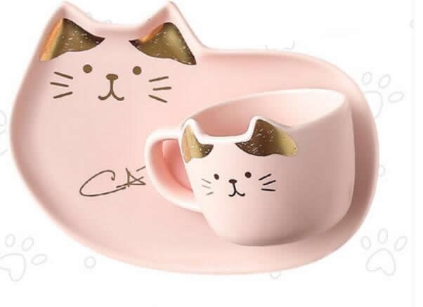 Bonito dos desenhos animados gato cerâmica xícara de café simples diversão tarde xícara de chá placa: Rosa