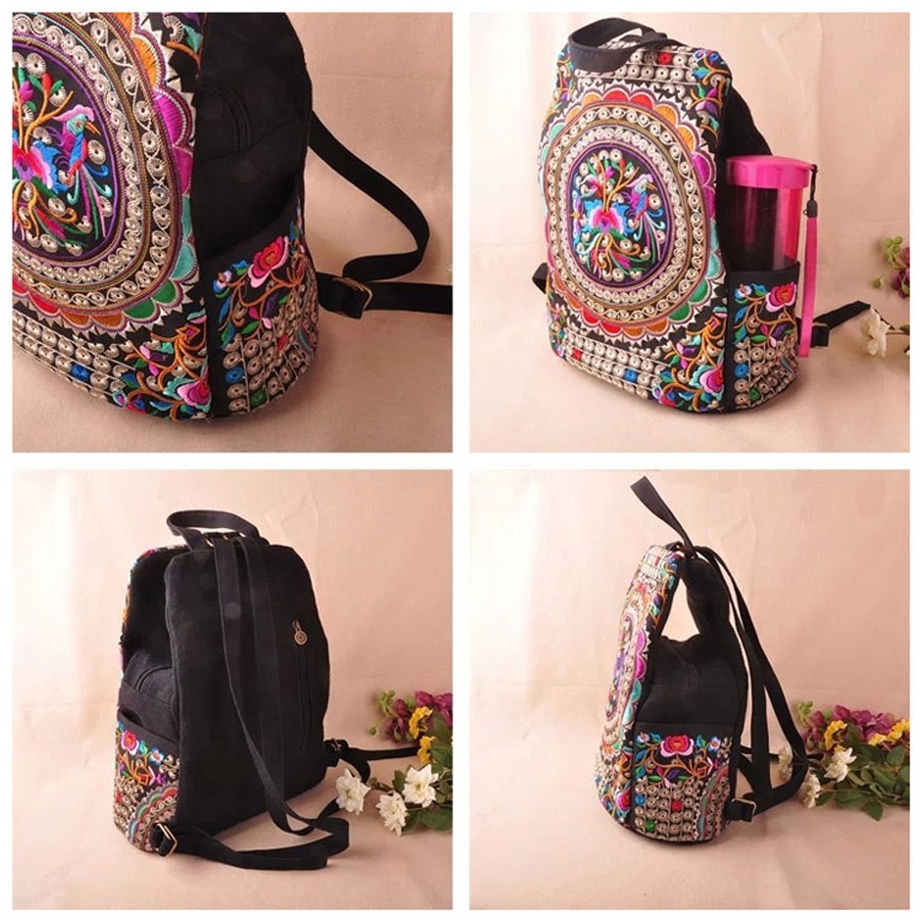 Mochila étnica bordada de lona para mujer, bolso bordado de flores hecho a mano, mochilas escolares,