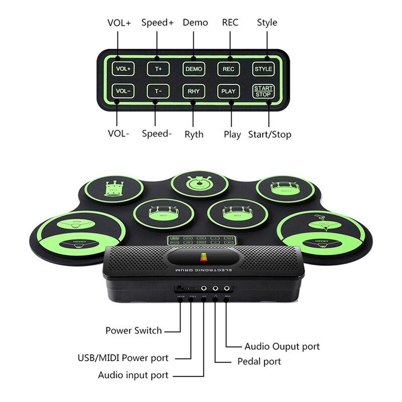 Portable Electronic Drum Set Digital Roll-Up Contact Sensitive Practice Drum Kit 7 Drum Pads for Kids Children Beginners