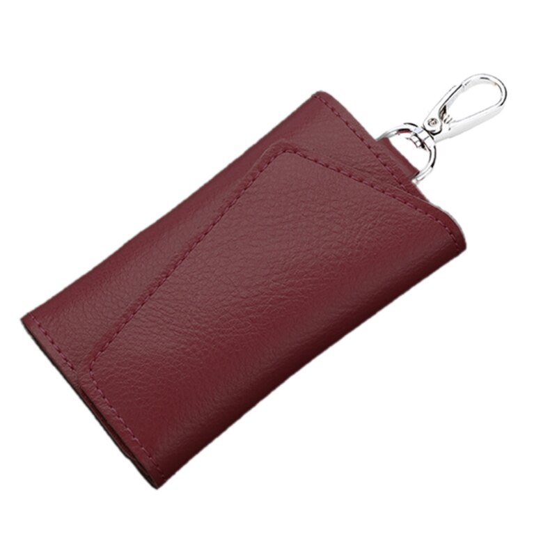 Y166 Portable Leather Keychain Key Wallet 6 Hook Button Closure with Card Holder: Burgundy