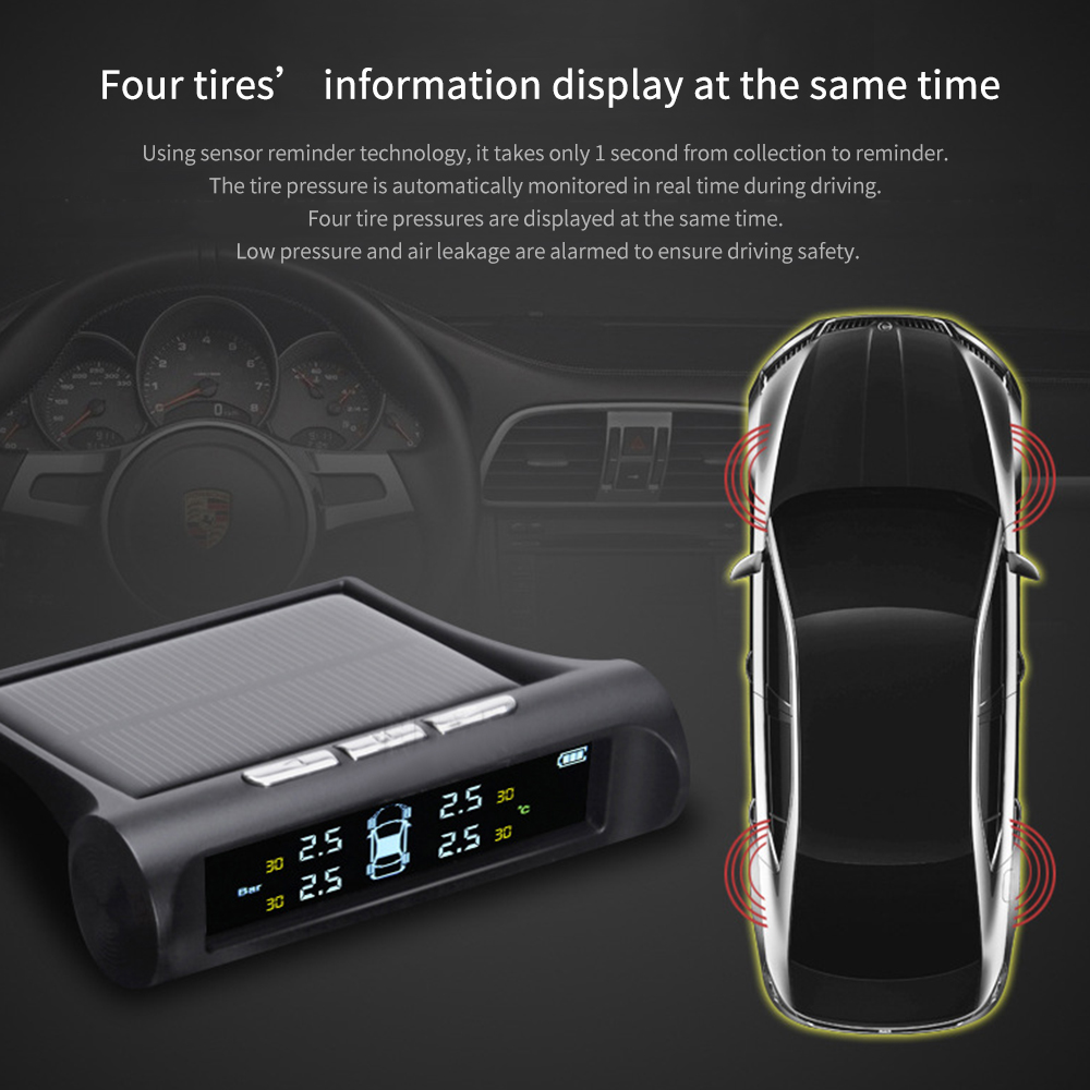 Bil tpms dæktryksovervågningssystem solenergi digitalt lcd-display autosikkerhedsalarmsystemer med 4 eksterne sensorer