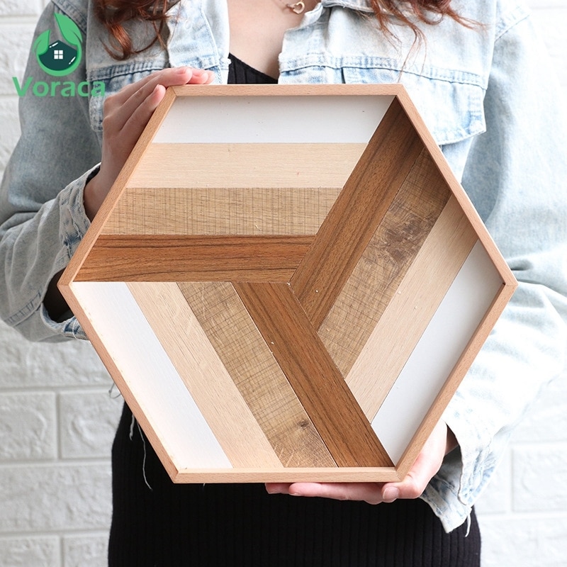 Plateau de service Hexagonal en bois décoratif | Plateau décoratif en bois, thé Dessert plateaux à pain, serveur de nourriture, plats de décoration de la maison, accessoires de photographie