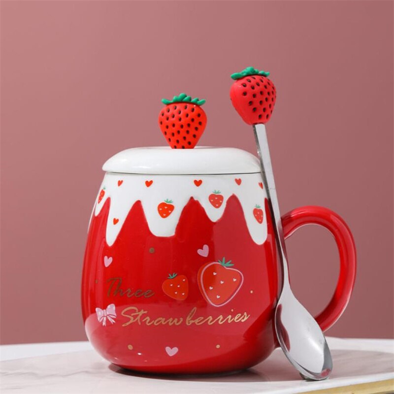 Taza de café con dibujo de fresa en 3D para niña, herramienta ecológica de cerámica para beber té, leche, restaurante, taza de oficina, , J489
