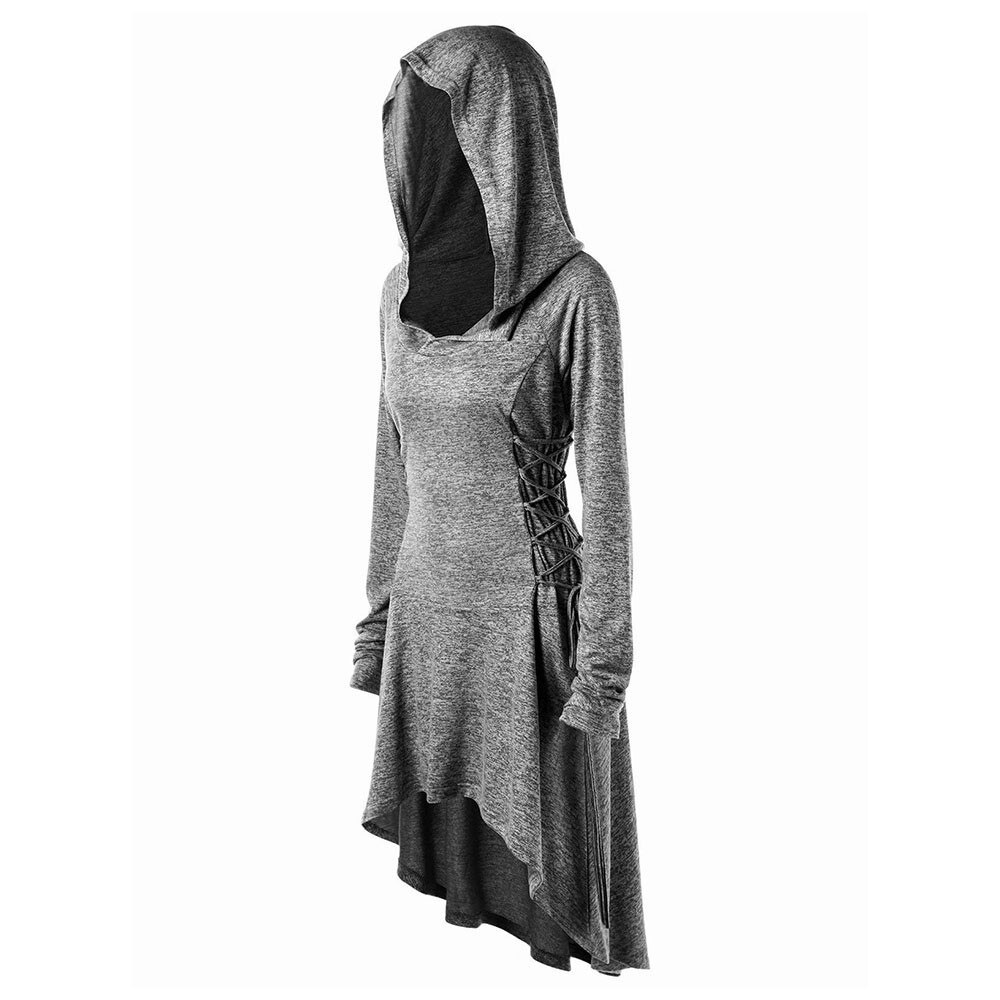 Women's Hooded Dress - Long Sleeve Side Bandage Casual Loose Irregular Hem