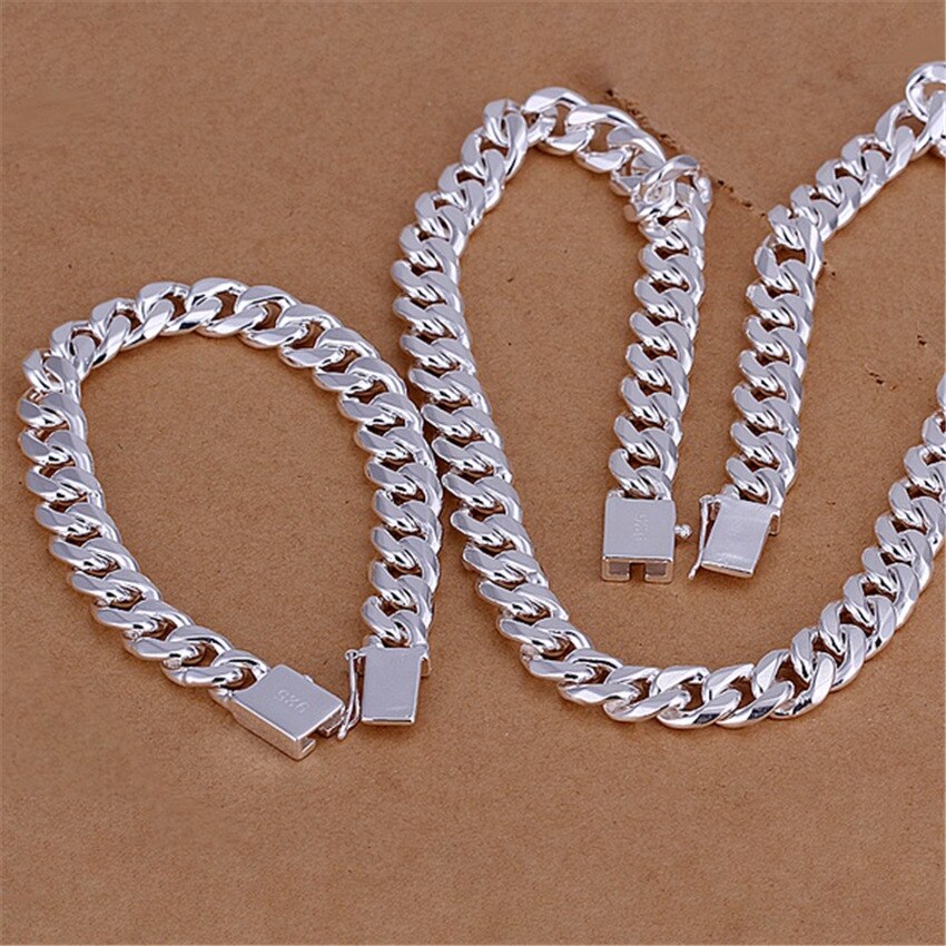 Berlock 925 sterling silver armband halsband smycken set för män klassisk 10mm kvadrat kedja 20/22/24 tums fest