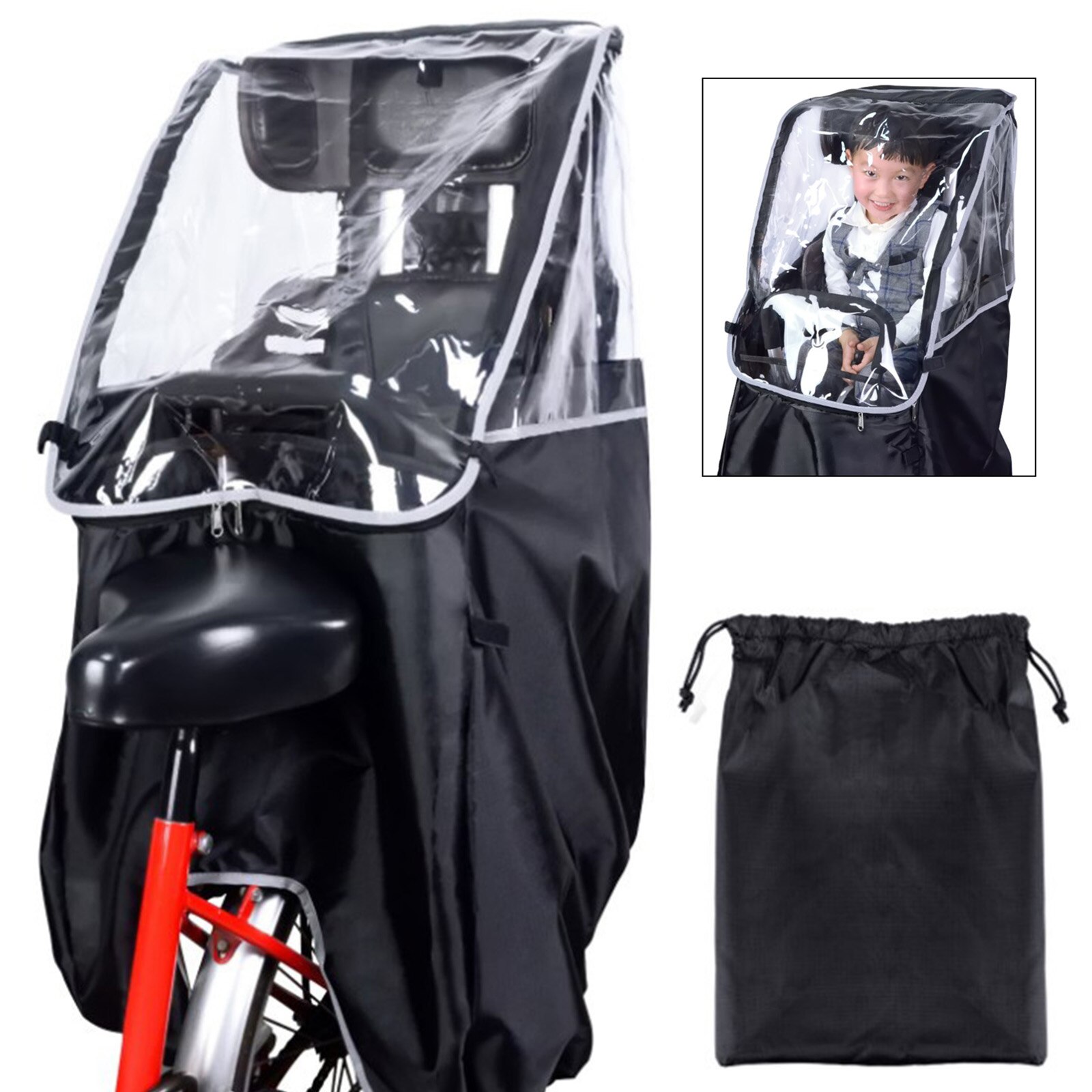 Bike Child Seat Rain Canopy Cover Durable Cold-proof for Kids Weather UV Protector Bicycle Baby Saddle Black Rain Cover