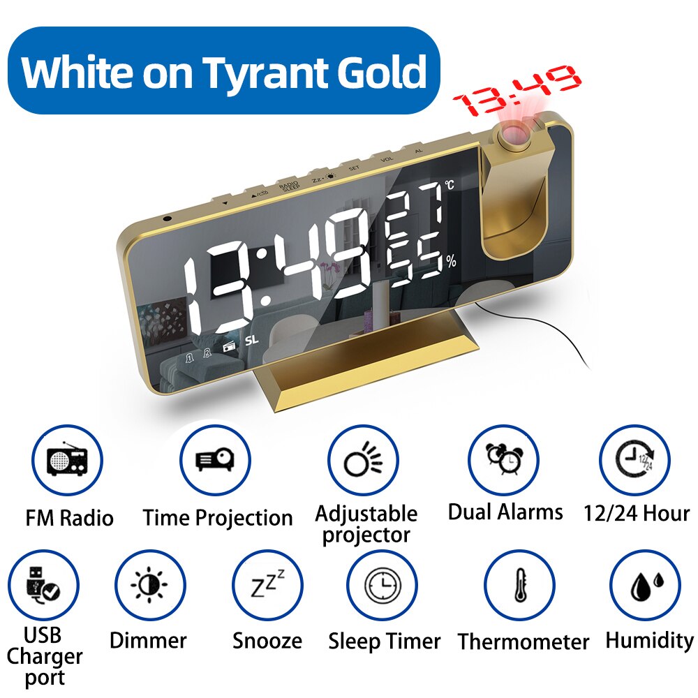 Reloj Despertador Digital con Proyección LED, Dispositivo Electrónico para Mesilla de Noche del Dormitorio con Radio FM y Proyector de Tiempo: White on Gold A