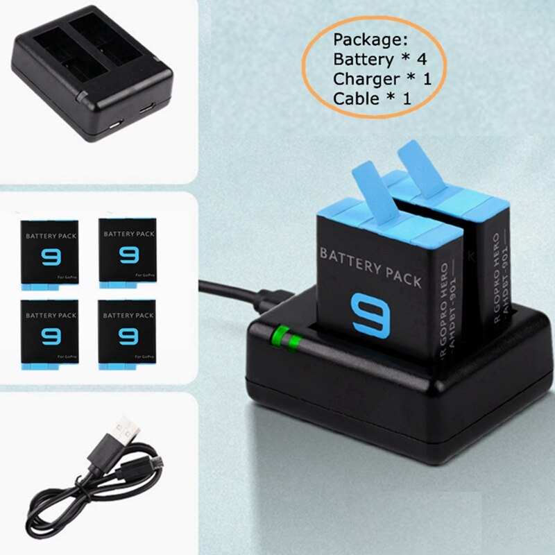 1720 mah hero 9 full decode -akku+micro usb/c-tyypin kaksoislaturi gopro hero 9: lle, musta ladattava litiumioniakku: 4 akku 1 laturi
