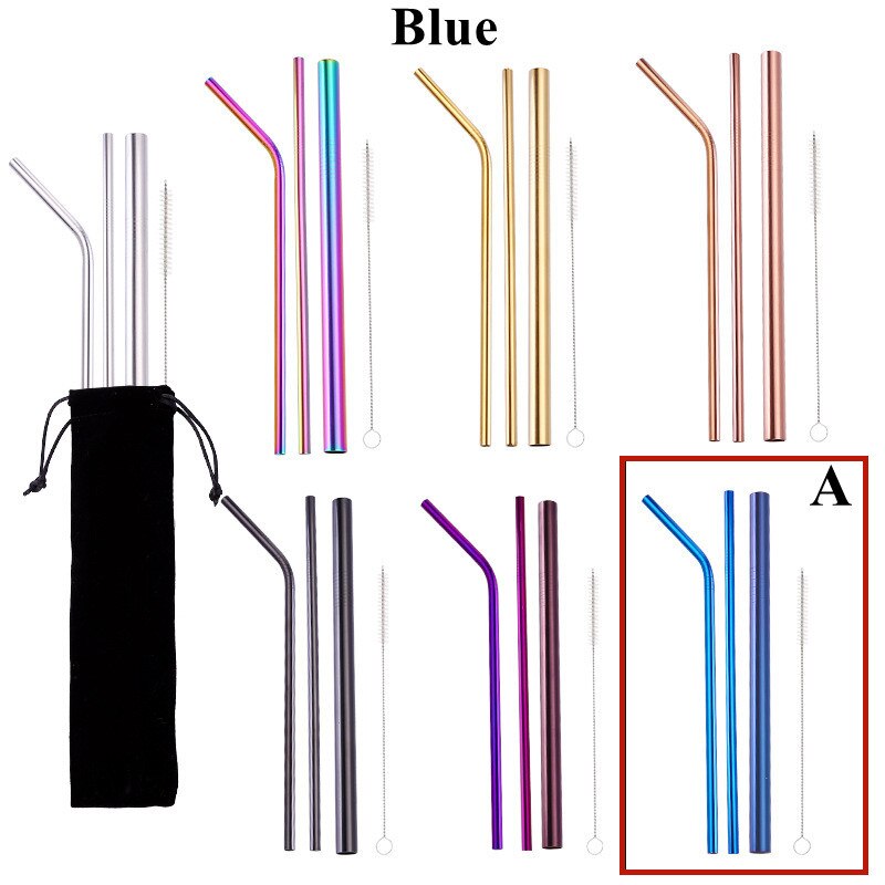 4pcs Stainless Steel Straws Eco-friendly Straw Reusable Drinking Straws with Clean Brush Coffee Milk Tea Straw Bar Home Tools: Blue A