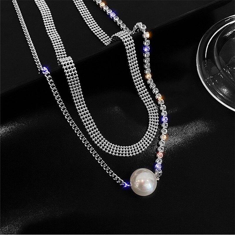 Fyuan moda dupla camada de cristal gargantilhas colares para mulheres pérola colares de jóias: silver