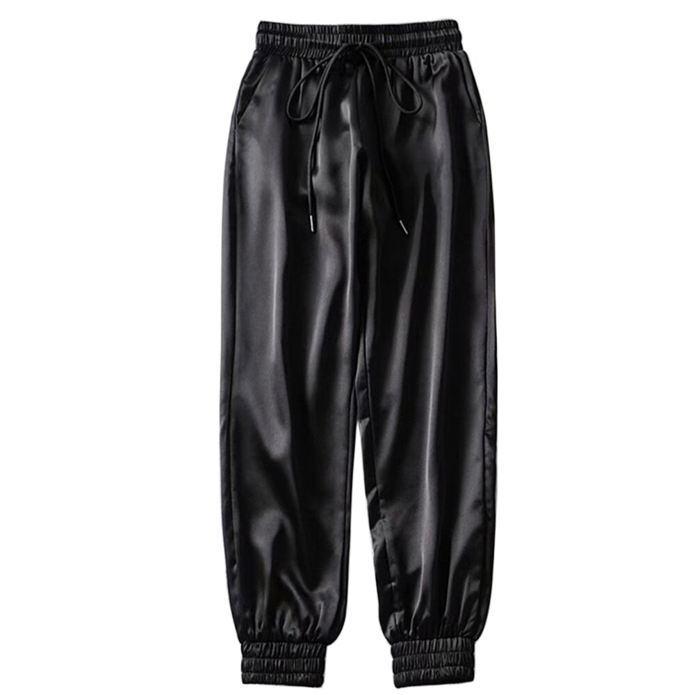 Sfit femmes été Satin Cargo pantalon femmes Europe cordon lâche décontracté Sport pantalon femmes BF Joggers Streetwear Cargo pantalon: Black / Asian Size S