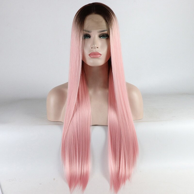24 tommer lang silkeagtig lige kobberrød syntetisk blonde front paryk højtemperatur hår parykker til kvinder midterste del: 1 bp pink / 26 inches