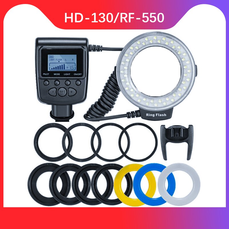 Kit de Flash annulaire Macro LED 48 pièces, RF-550D HD-130, pour appareil photo DSLR Canon, Nikon, Pentax, Olympus, Panasonic, avec 8 anneaux d&#39;adaptation