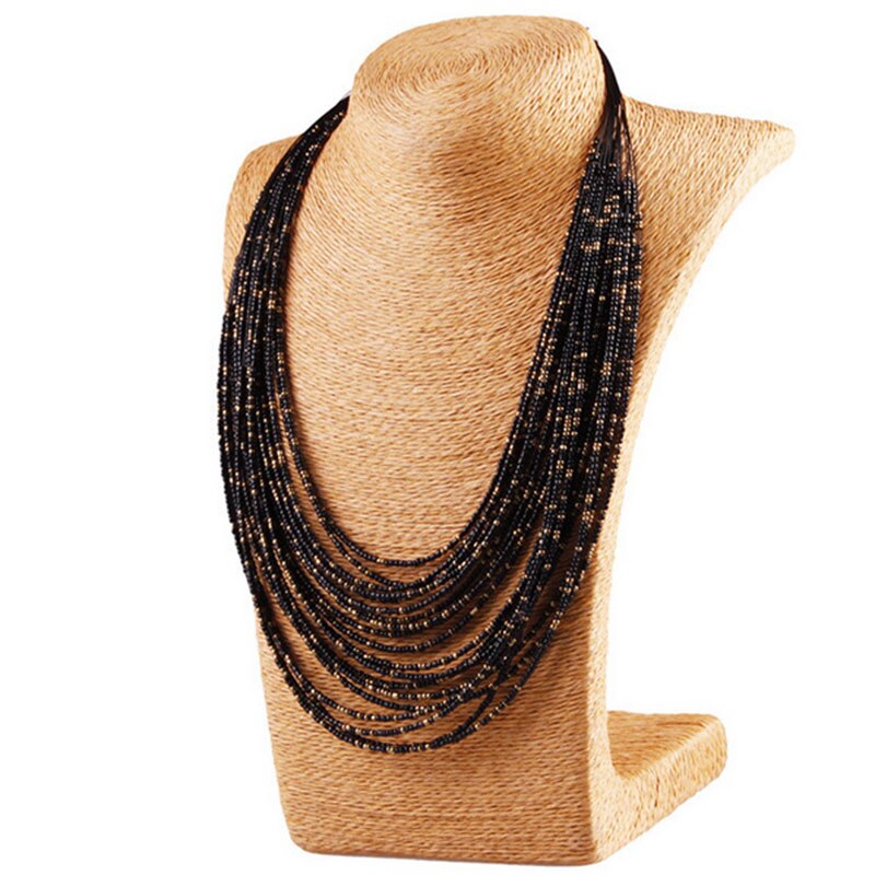 ZXZ Boho Bohemia Style Multi Layers Bib Statement Collar Glass Beaded Choker Necklace For Women Jewelry: Black