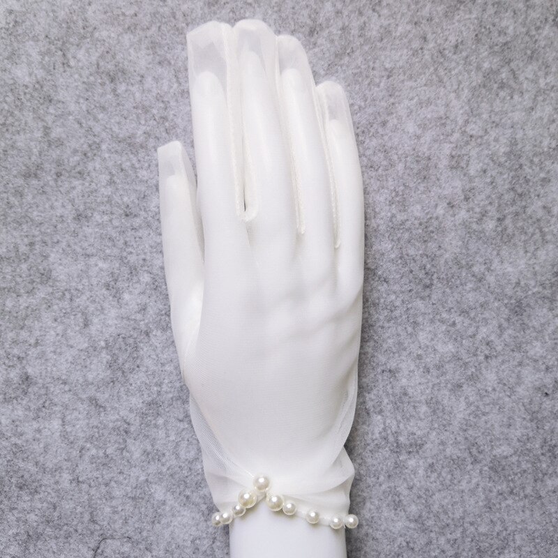 Białe tiulowe rękawiczki ślubne Bidal dla panny młodej suknia na bal maturalny z rękawiczkami damskie perły zroszony zwykły rękawiczki Guantes Transparentes