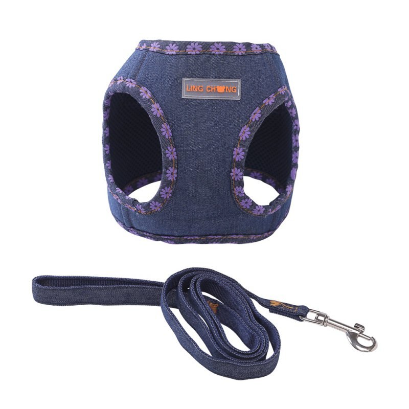 Soft Small Dog Harness Vest Leash Set Adjustable Denim Chest Strap Dog Puppy Walking Lead Cat Safe Leash British Style: C / XL