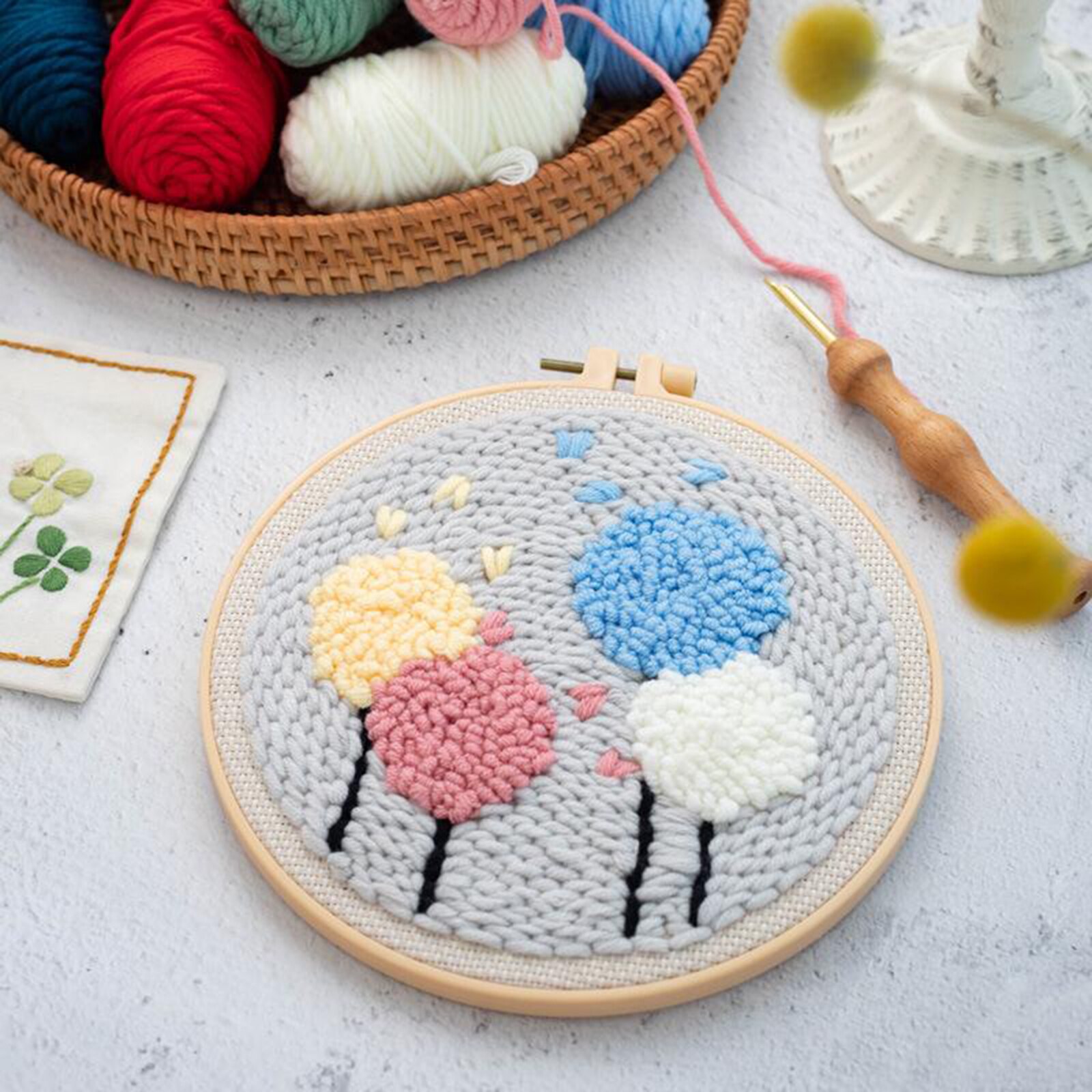 1 Set Punch Embroidery DIY Needlework Kits Hoop Needlecraft Beginners Pre Print Pattern Punch Needle Kits for Beginner