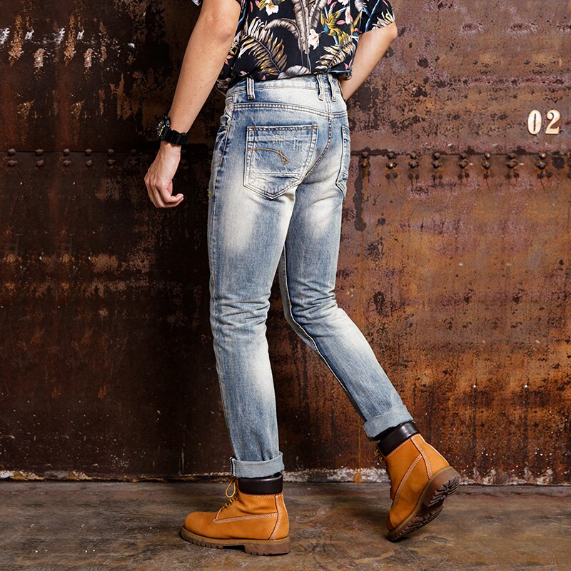 Streetwear de los hombres pantalones vaqueros de Slim luz azul Jeans hombres bordado pantalones de Hip Hop pantalones vaqueros hombre