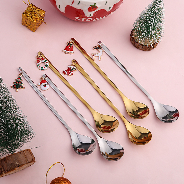 Christmas Spoon Vacuum Plating Stainless Steel Coffee Spoon Long Handle Tea Spoons Kitchen Drinking Flatware