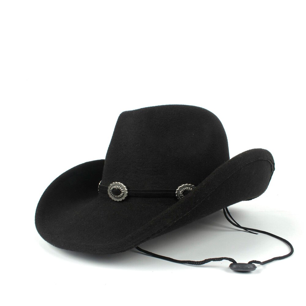 Wool Women Men Hollow Western Cowboy Hat Roll-up Brim Gentleman Outblack Sombrero Hombre Jazz Cap Wind Rope Size 56-58CM