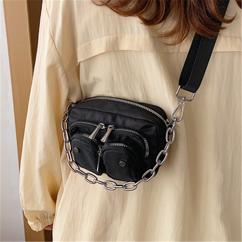 Solid Pattern Nylon Crossbody Bags For Women Mini Black Shoulder Messenger Handbags Female Chain Phone Multi-pocket Purses