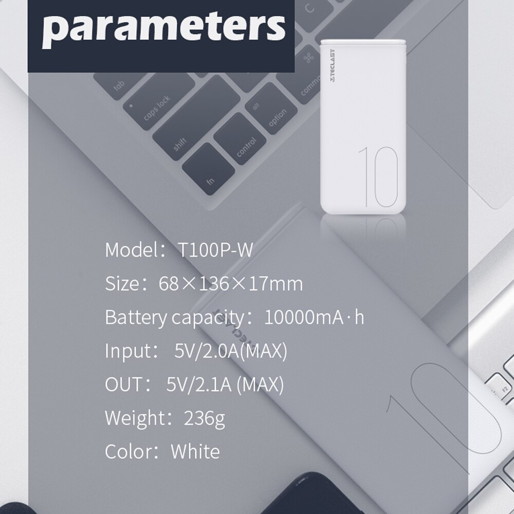 Teclast  t100p 10000 mah powerbank mit zwei usb-anschlüssen, externem ladegerät, micro-usb-/usb-typ - c 2 -ausgang und doppel-eingang