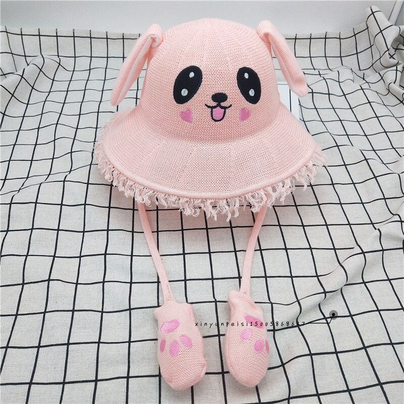 Cartoon Ears Press Air Cute Bag Moving Up Down Hat Girl Kids Summer Bucket Cap for children and adult: pink for adult