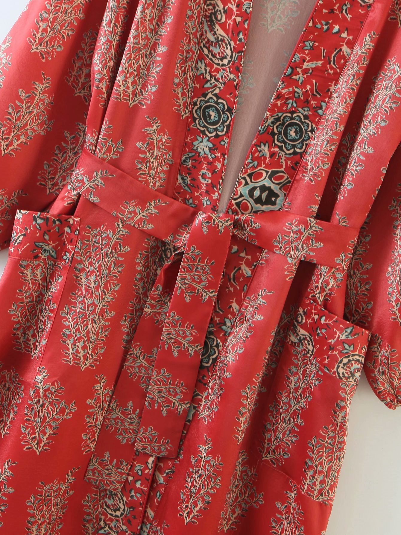 Teelynn satinrødt blomsterprint boho strandkåbe langærmet kimono kjoler kvinder bikini cover up vintage side split vestidos