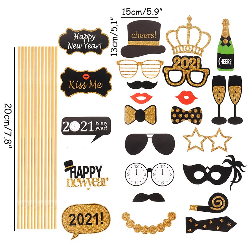 Happy Year Photo Booth Frame Props Gold Black Paper Glasses Photobooth Props Year Eve Party Supplies Kids Favors: 1set Photo Props