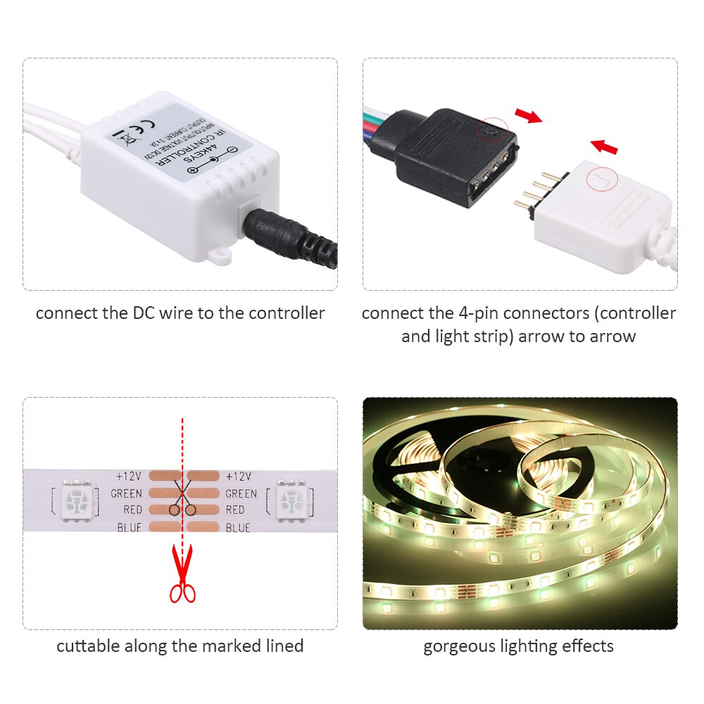 2x5m 300leds RGB Strip Lights Kit with 44 Keys IR Remote Controller Dimmable Color Rope Lights IP65 for Home Kitchen Christmas