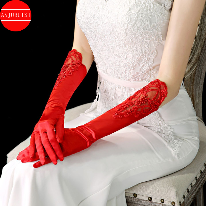 Elbow Wedding Bride Gloves Lace Finger Accessories Mariage Gauze Luvas Akcesoria ślubne Novia Rękawiczki Handschoenen Eldiven: Red