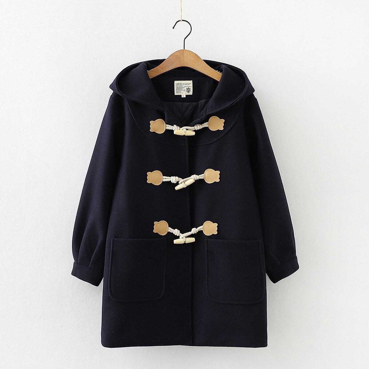 Cappotto di lana con bottoni in corno di orso in stile giapponese donna di media lunghezza 2020 autunno inverno cappotto di capispalla allentato Casual spesso 2010622: Blu Navy / L