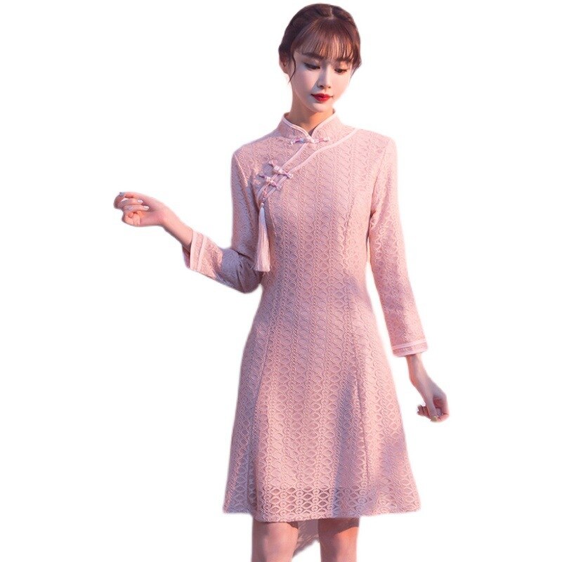 1 Stks/partij Chinese Stijl Vrouw Kanten Jurk Rood Roze Jurk Cheongsam Nieuwjaar Kerst Jurken Vrouwen Lange Mouwen Qipao