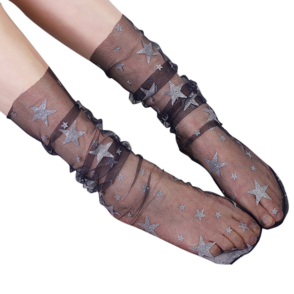 Frauen funkeln verlieren schier Tüll Socken transparent Glänzenden Stern Gittergewebe schlapp Socken Sommer Spitze Strumpfwaren Accessoires: Schwarz Silber- Stern
