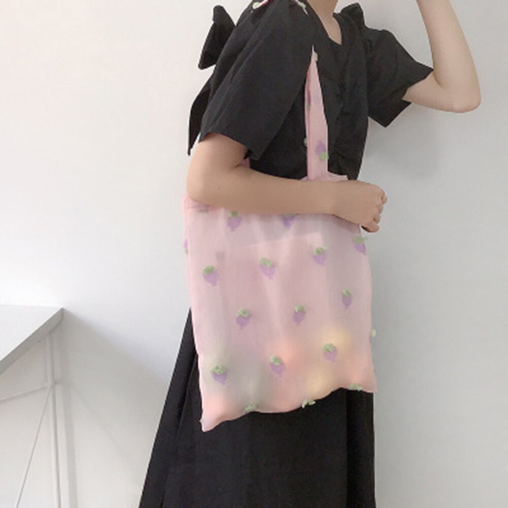 Novo bordado bolsas bonito malha saco de compras clássico bolsa de ombro da menina totes casual doce senhoras bolsa feminina sacos: Pink purple-L