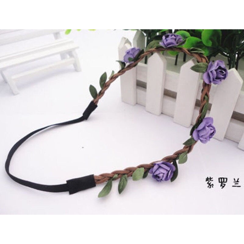 Women Girl Boho Rainbow Flower Floral Stretchy Hairband Headband Wreath Party Bride Wedding Beach Hair Accessories: Purple